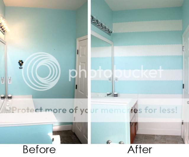 before and after example photos of scalloped paint job in bathroom