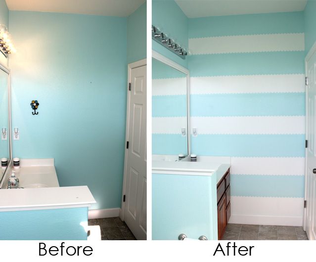 before and after example photos of scalloped paint job in bathroom