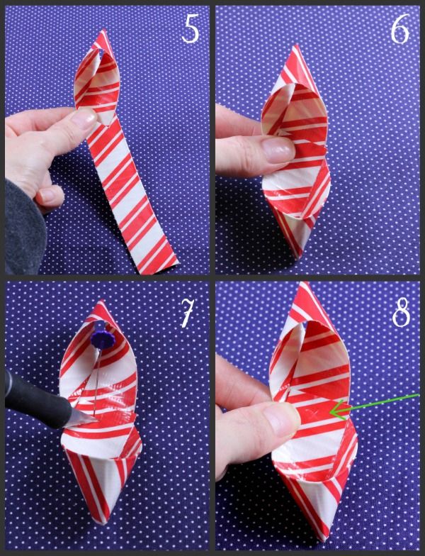 steps 5-8 of making duck tape bow demonstrated