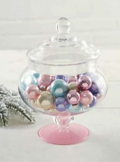 glass jar filled with pretty christmas baubles